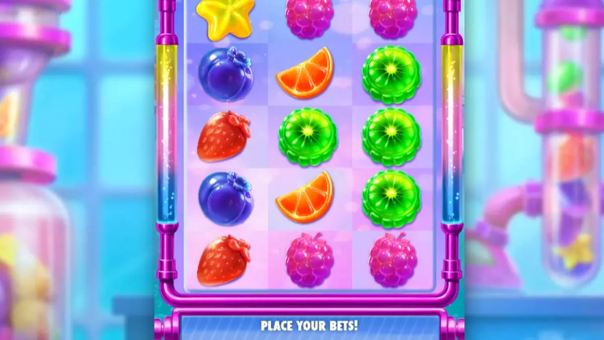 Tampilan visual slot Sweet Burst dengan tema laboratorium permen neon
