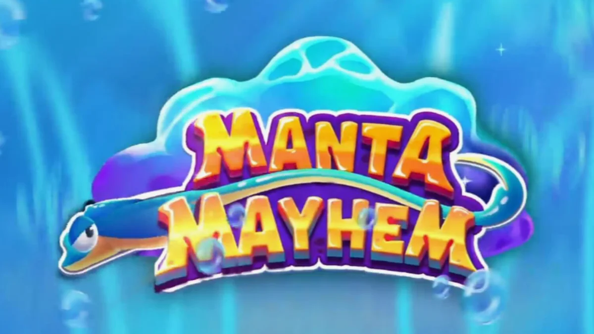 Tampilan visual slot Manta Mayhem dengan latar belakang terumbu karang yang cerah dan ikan pari biru.