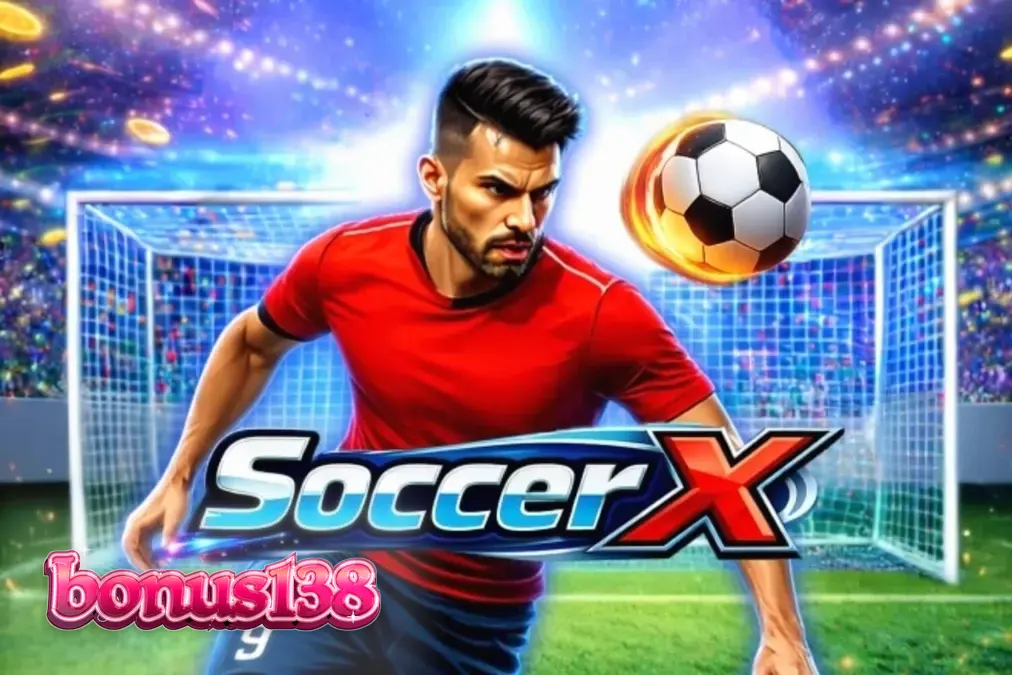 Tampilan layar permainan SoccerX dengan suasana stadion sepak bola.